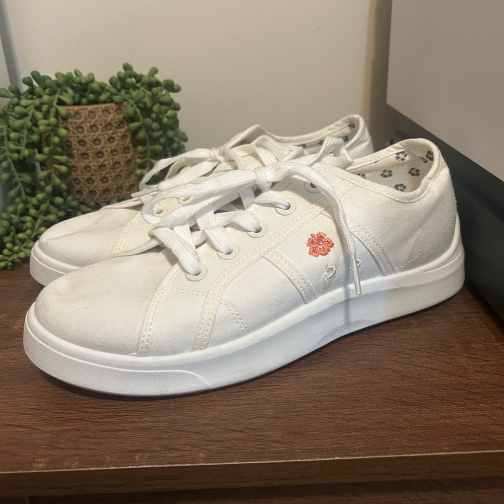 Tommy Bahama White Canvas Sneakers with Orange Flower Accent